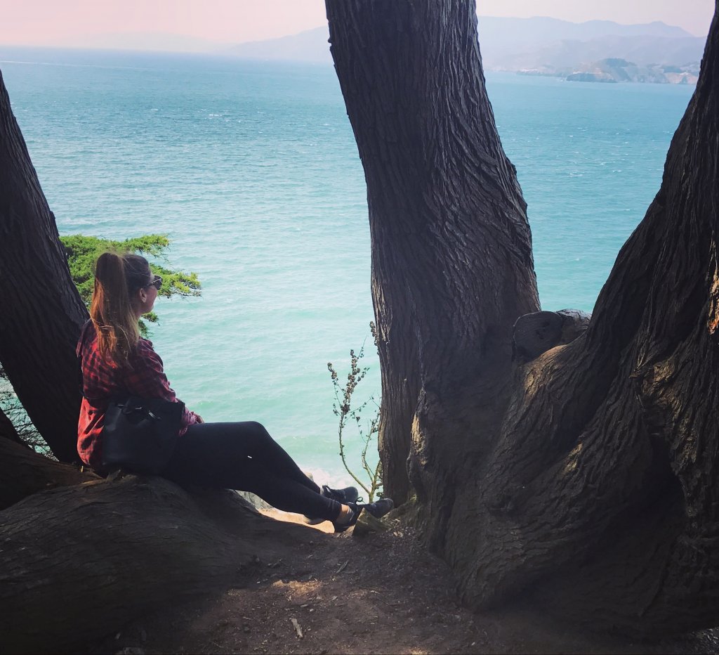 A girl sitting by the trees overlooking the ocean 