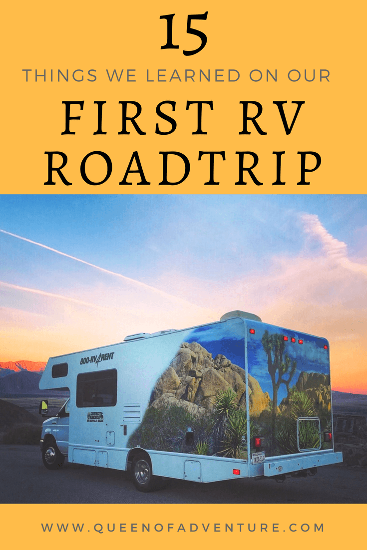 15 things we learned on our first RV Road Trip with a picture of a Cruise America RV in the mountains at sunset