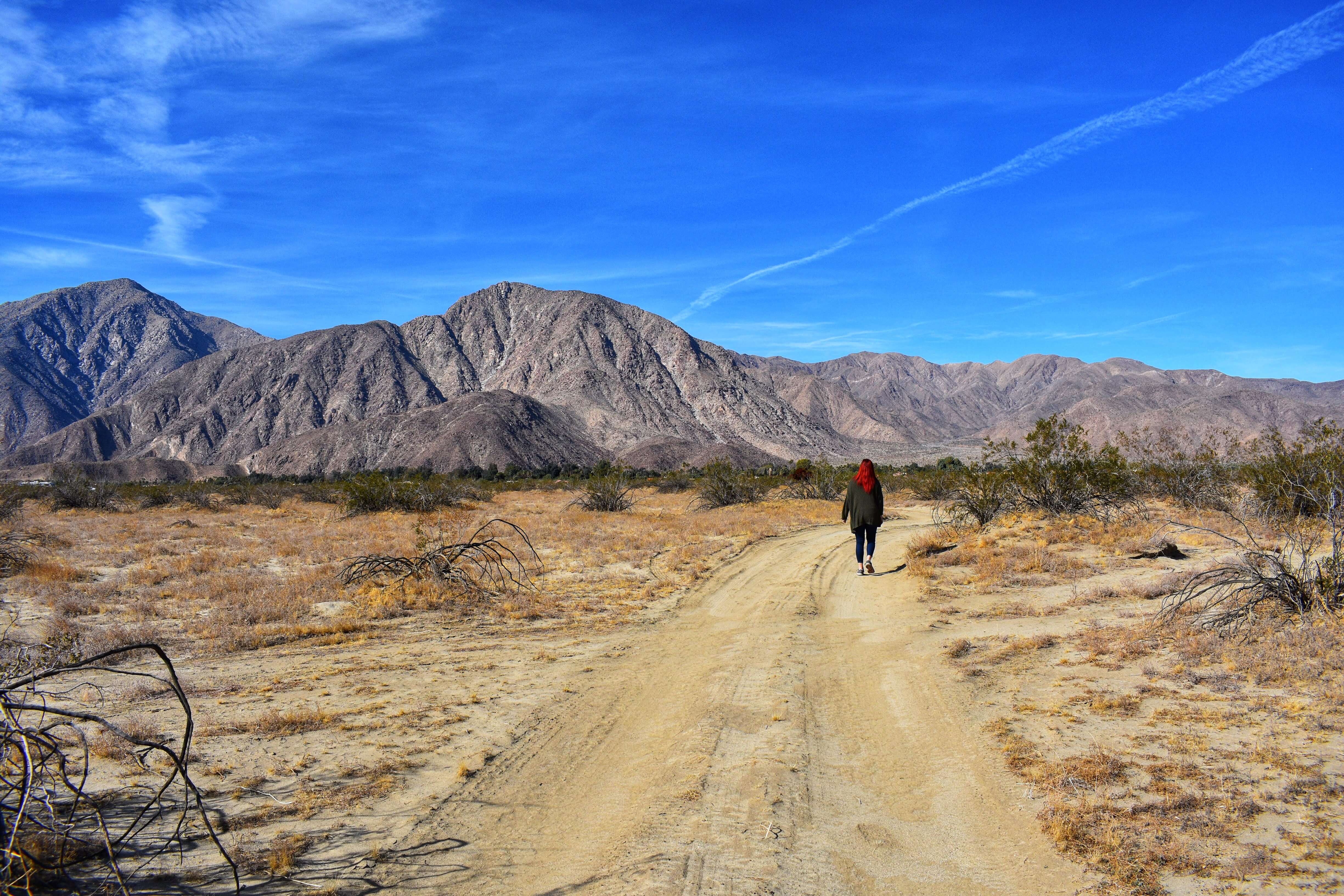 Girl Walking through the desert with mountains in the background