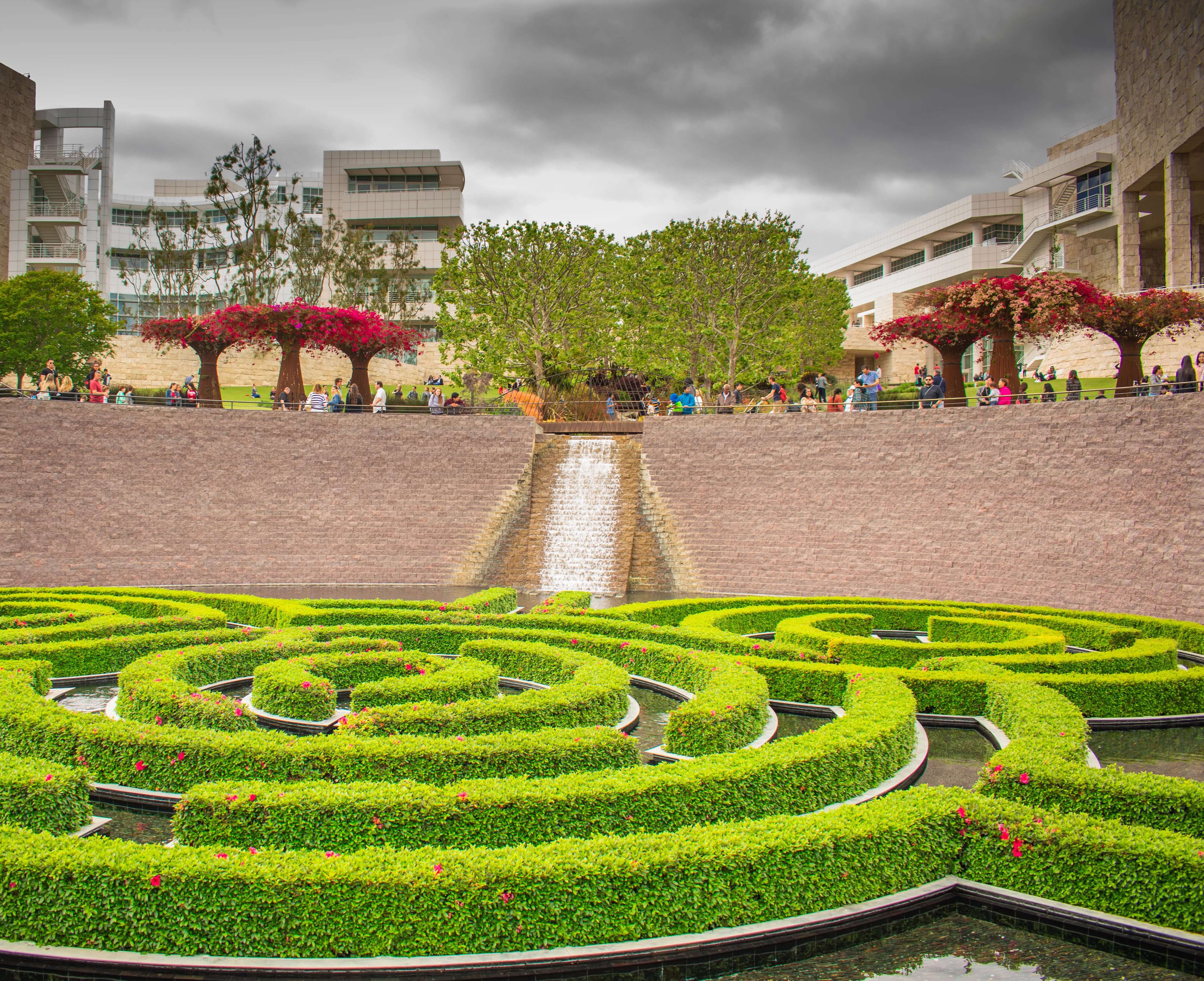 Beautiful view of the floating azalea gardens at the getty center and the waterfall