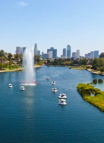 echo park lake with fountain and city views. Paddle boats shaped like swans peruse the lake