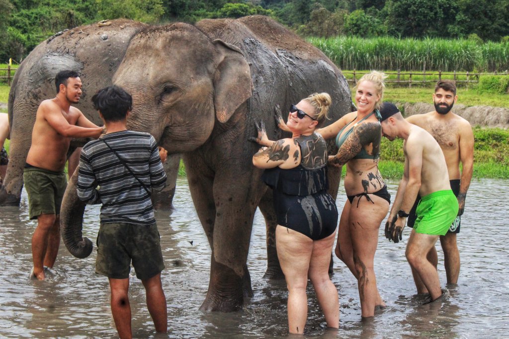 a group of people splashing in the mud with two huge elephants