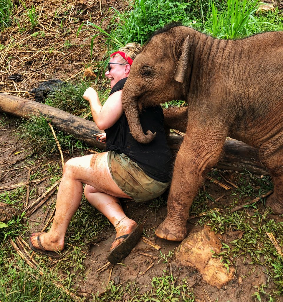 Jordi being wrestled to the ground by a 3 month old elephant